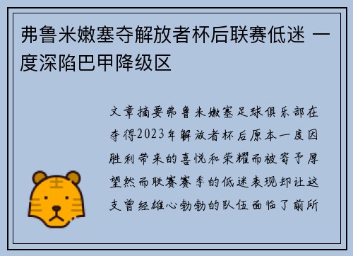 弗鲁米嫩塞夺解放者杯后联赛低迷 一度深陷巴甲降级区