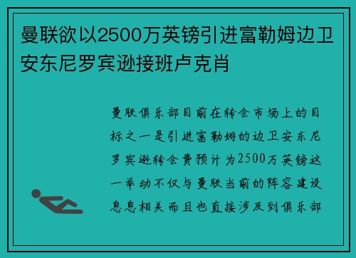 曼联欲以2500万英镑引进富勒姆边卫安东尼罗宾逊接班卢克肖