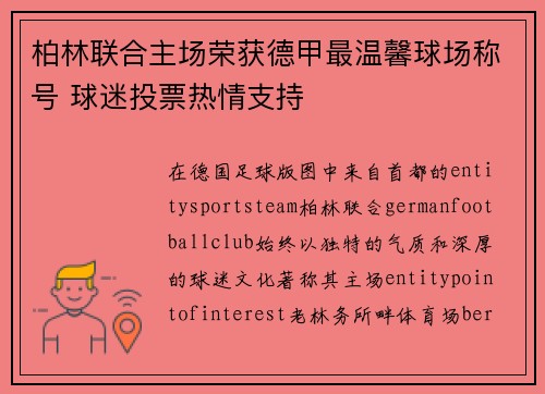 柏林联合主场荣获德甲最温馨球场称号 球迷投票热情支持